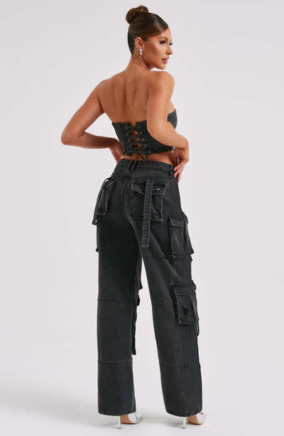 DENIM CORSET TOP & BROOKLYN CARGO PANT SET | DARK DENIM CORSET TOPDENIM CORSET TOP WITH STRAPS | DENIM CORSET TOP AND JEANS