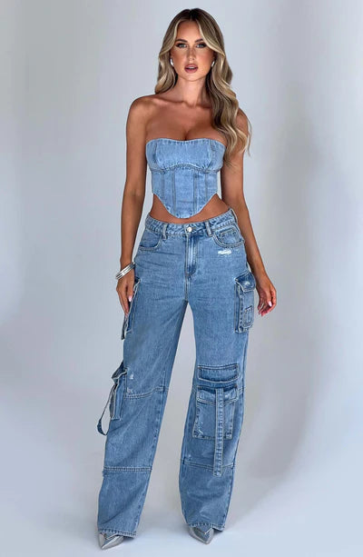 DENIM CORSET TOP & BROOKLYN CARGO PANT SET | DARK DENIM CORSET TOPDENIM CORSET TOP WITH STRAPS | DENIM CORSET TOP AND JEANS 